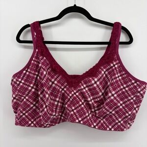Catherines Intimates Plaid Wireless Bra Berry Pink Lace Trim 54DDD 27-1120-8
